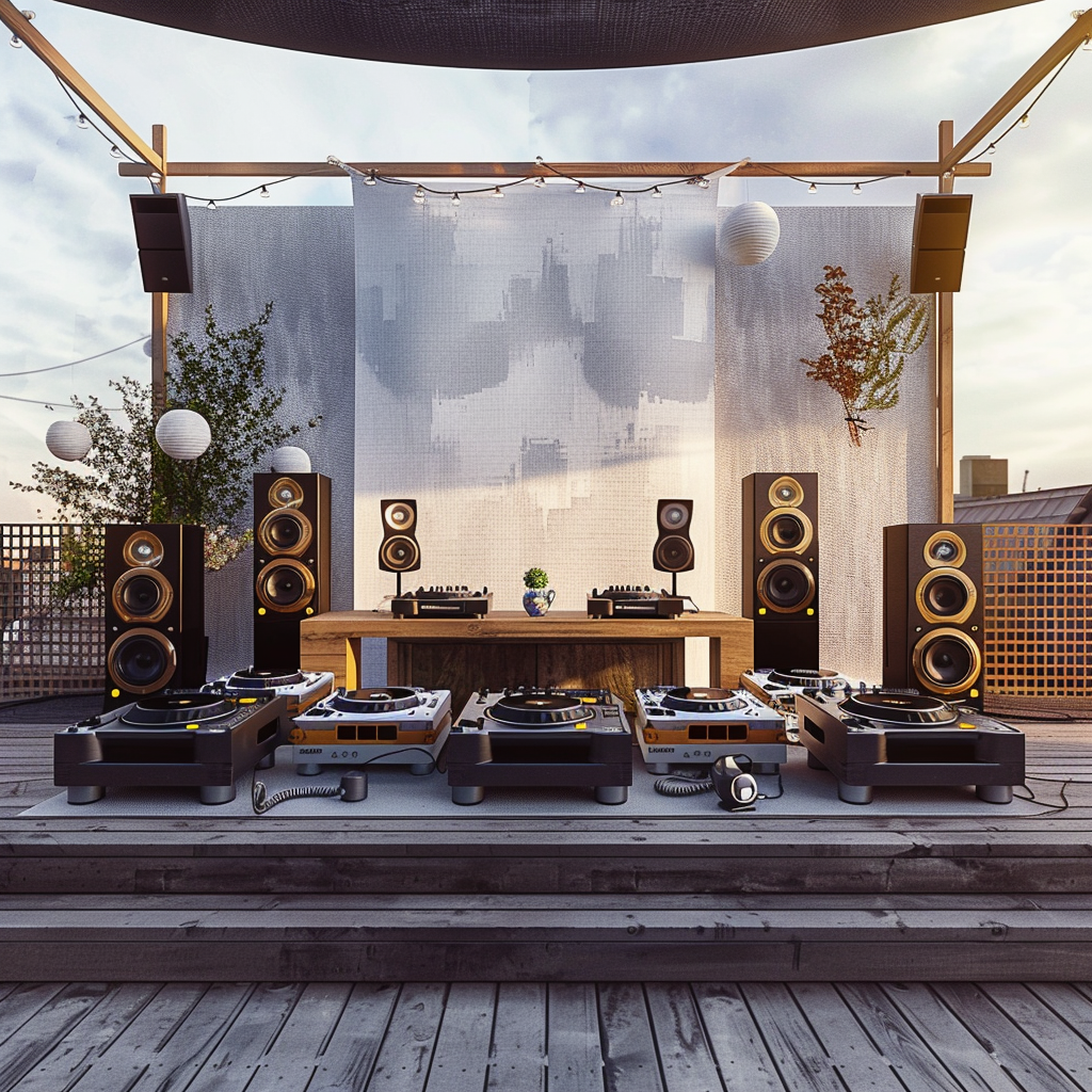 DJ stage with speakers and decorations