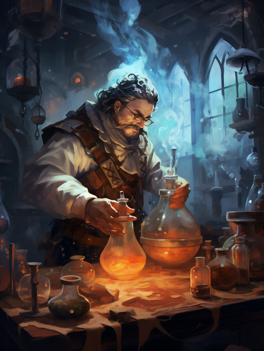 DND alchemist working in laboratory