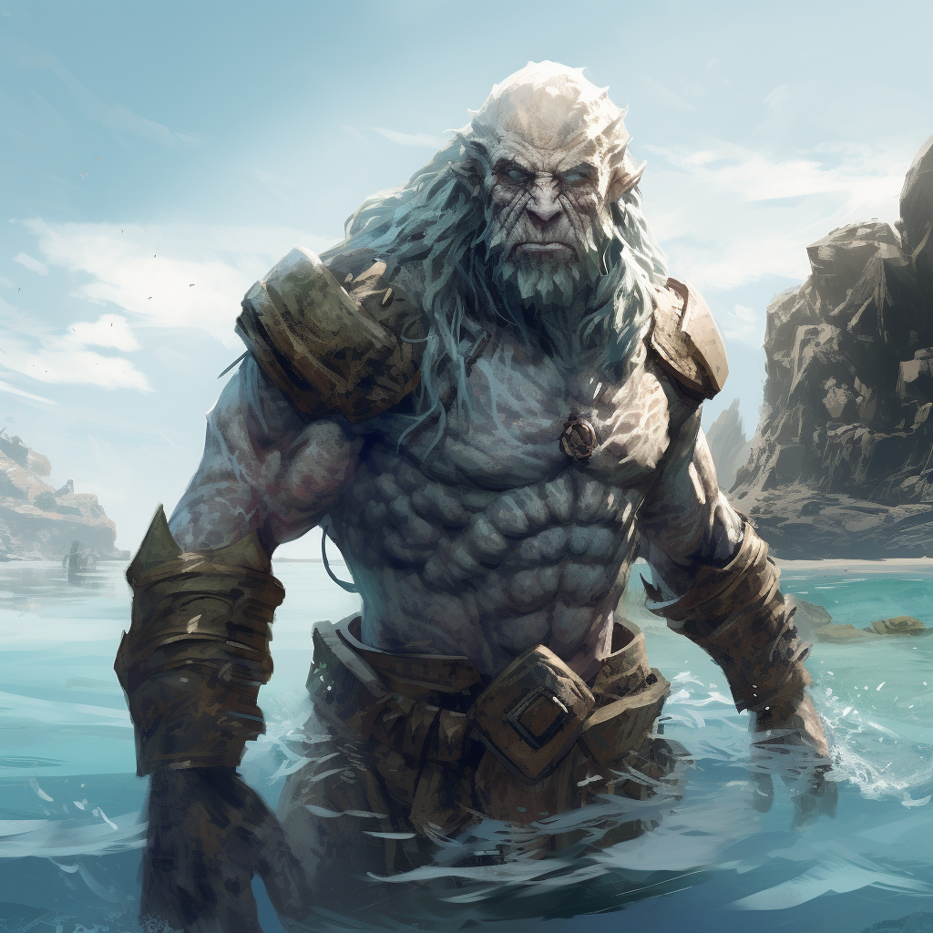 Water humanoid character art in coastal setting