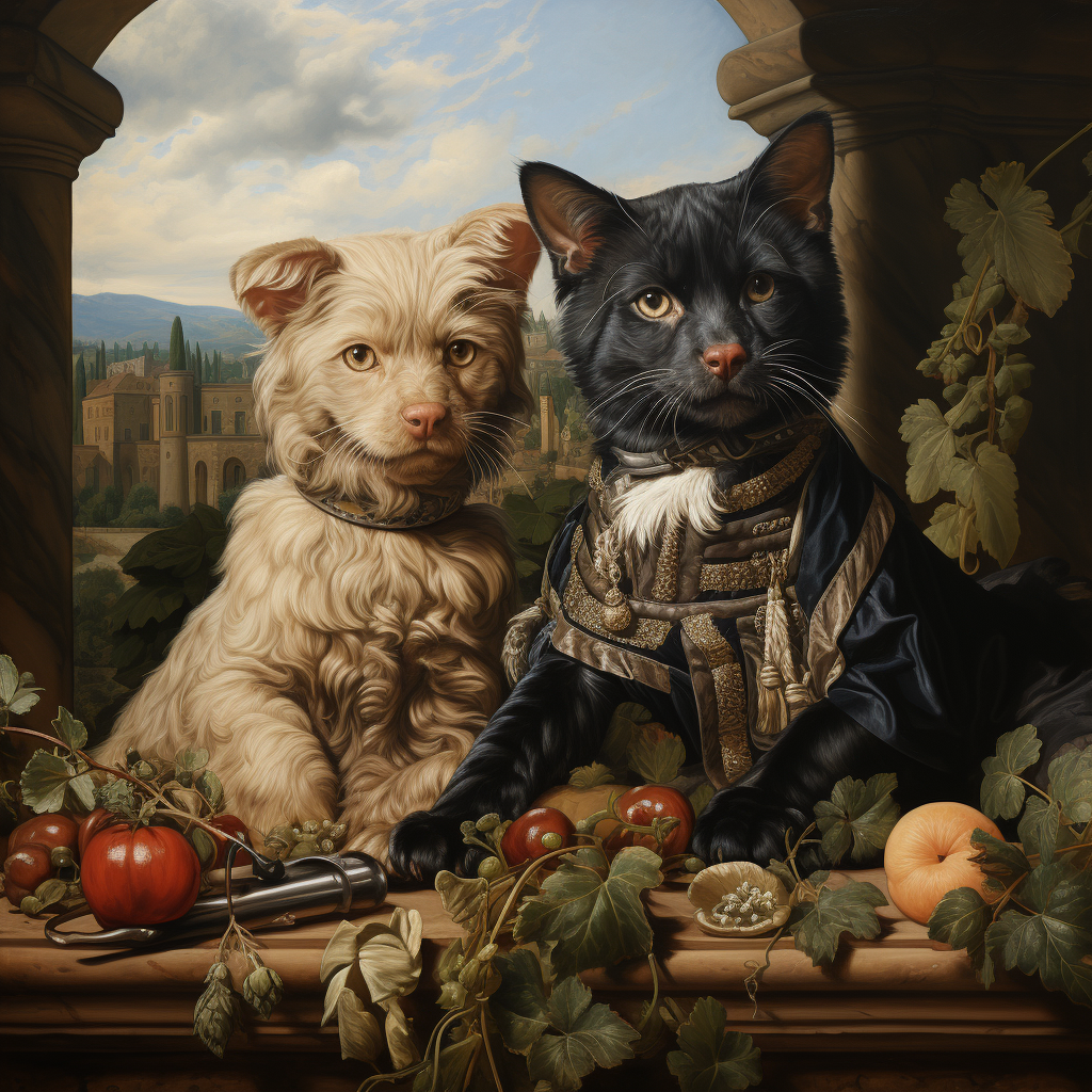 Renaissance-style portrait of a dog and cat