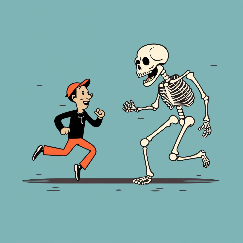 Dog chasing human skeleton illustration