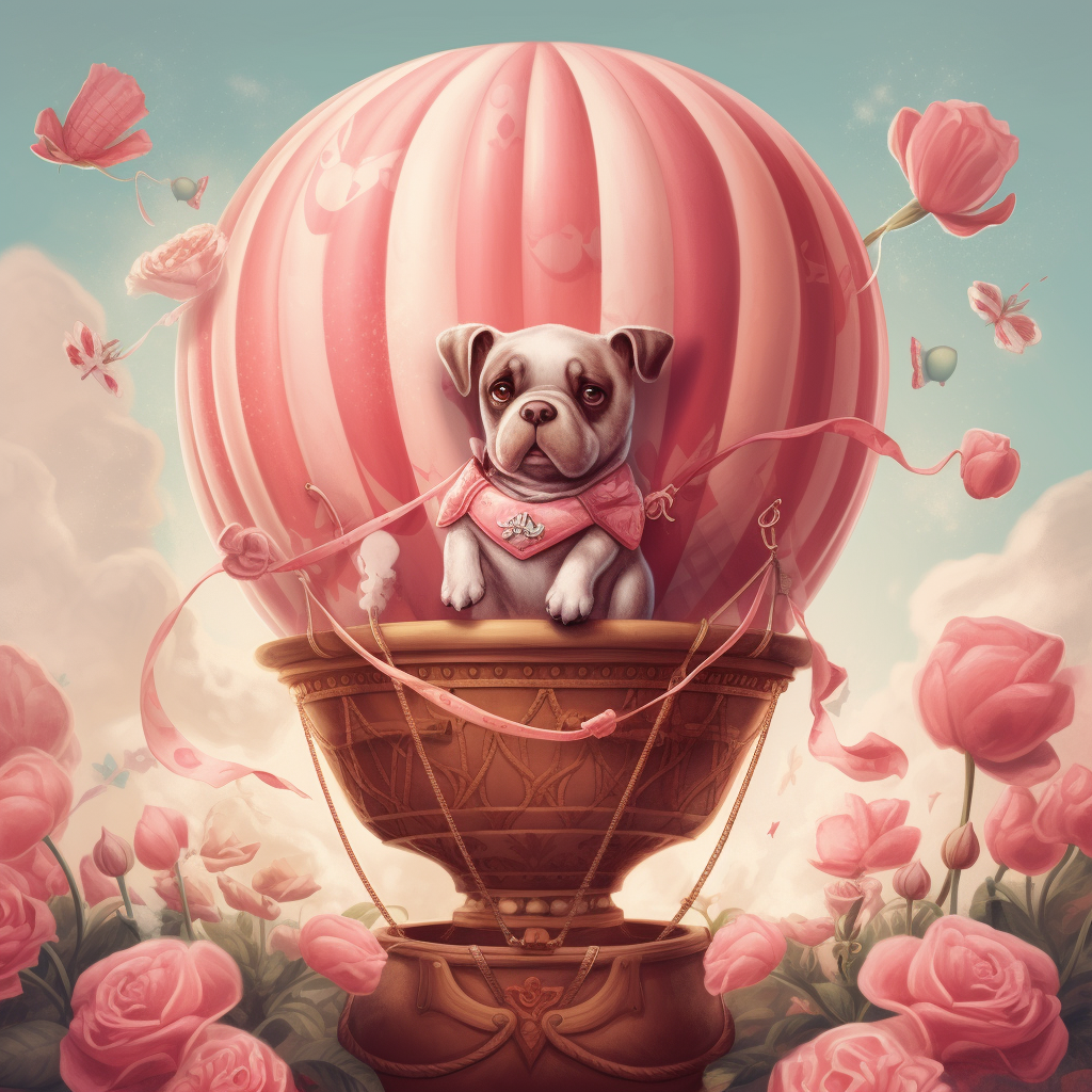 Romantic Valentine Dog in Basket with Flowers and Balloon