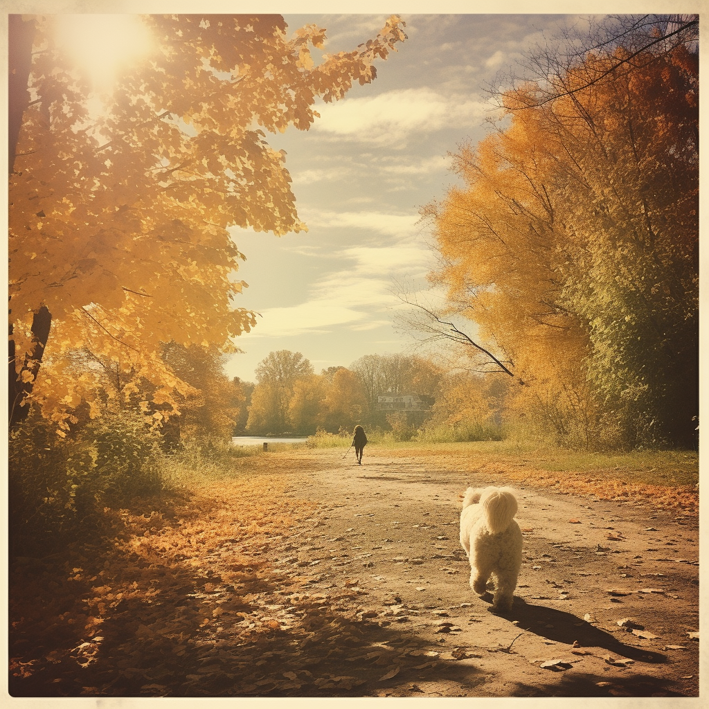 Retro postcard of a dog walking in Westisland Montreal during fall