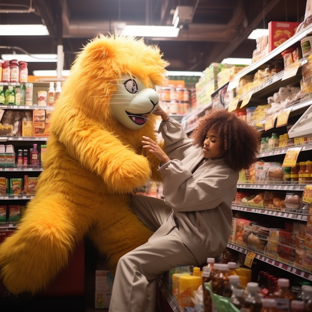 Doja Cat and Garfield fighting in a grocery store