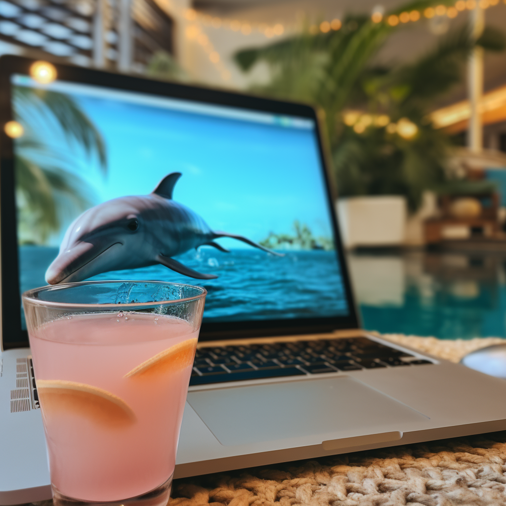 Dolphin enjoys laptop and tropical drink