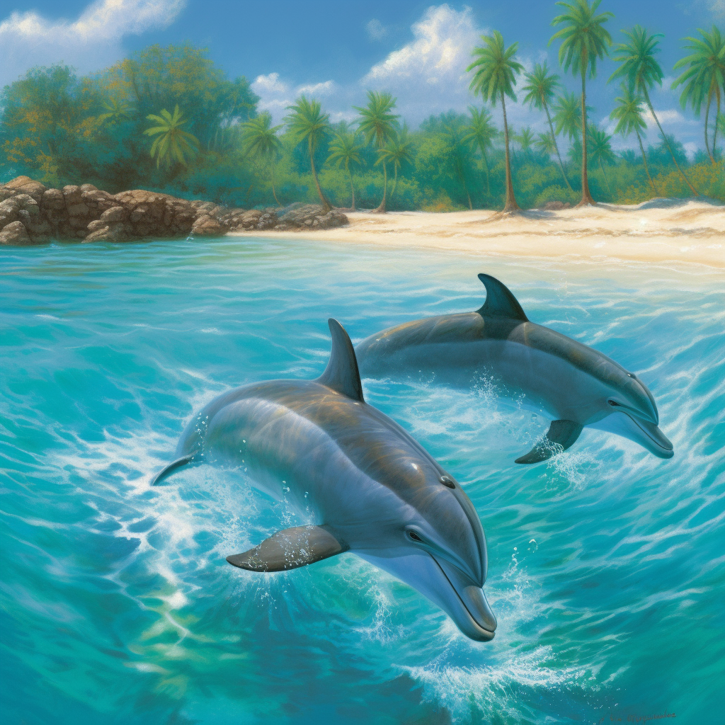 Two dolphins jumping in paradise