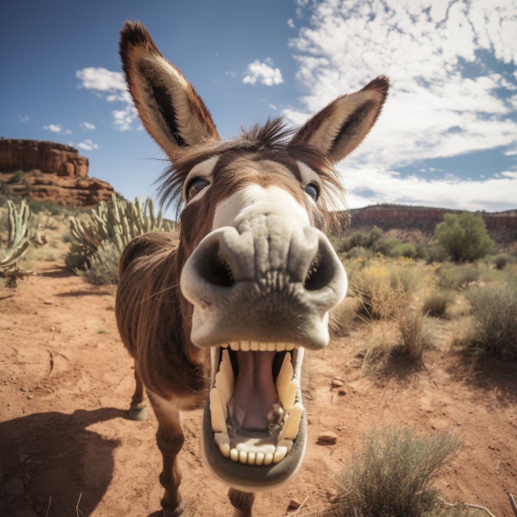 Donkey kicking camera, smiling in Moab