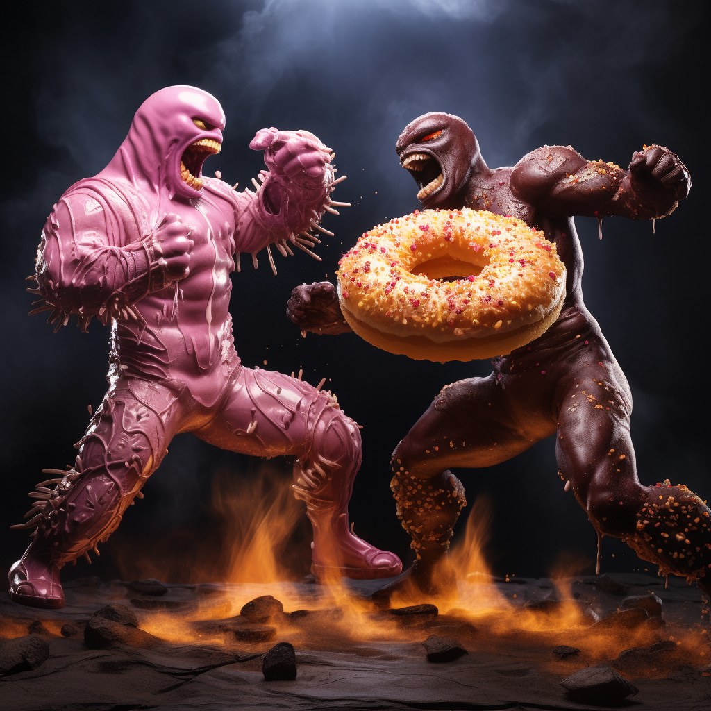 Donuts battling in Mortal Kombat style.