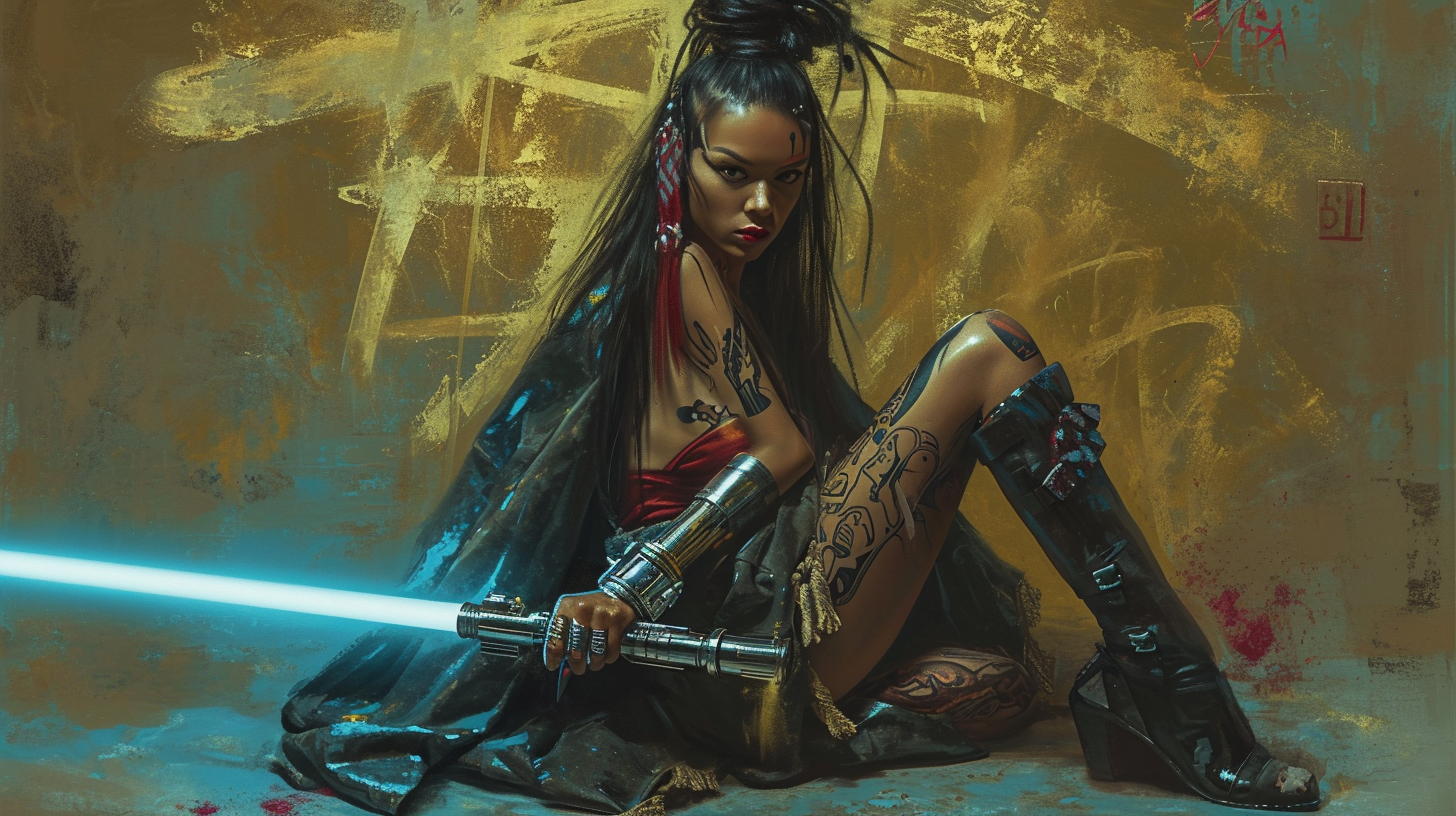 Jedi rockabilly with long hair and lightsaber