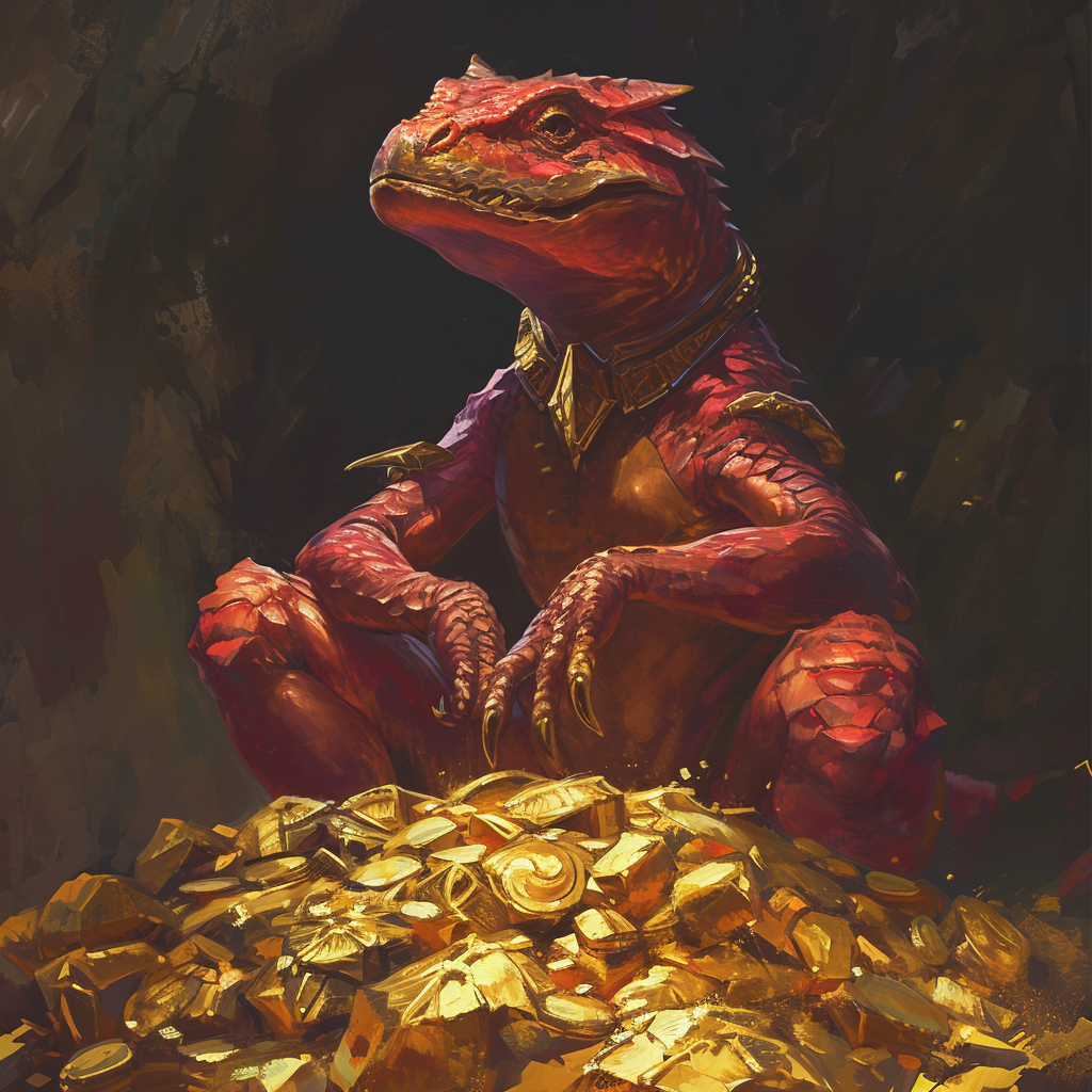 Lizardman sitting on gold pile