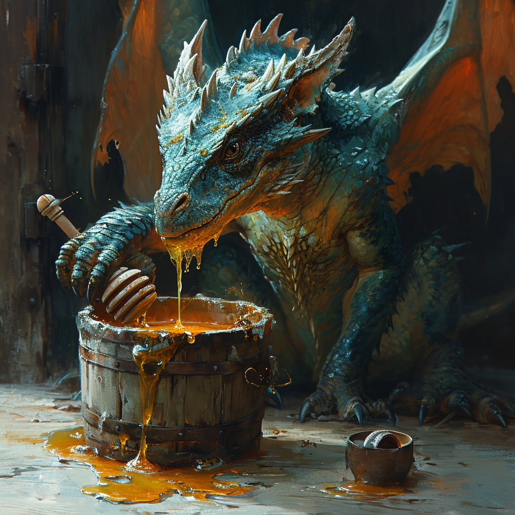 Dragon feasting on honey from bucket