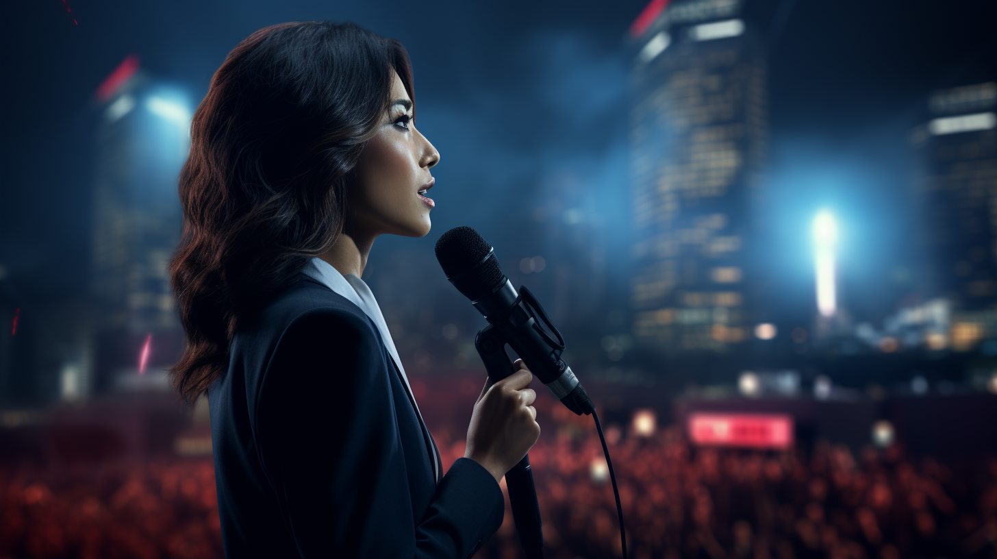 Japanese reporter holding microphone against burning city