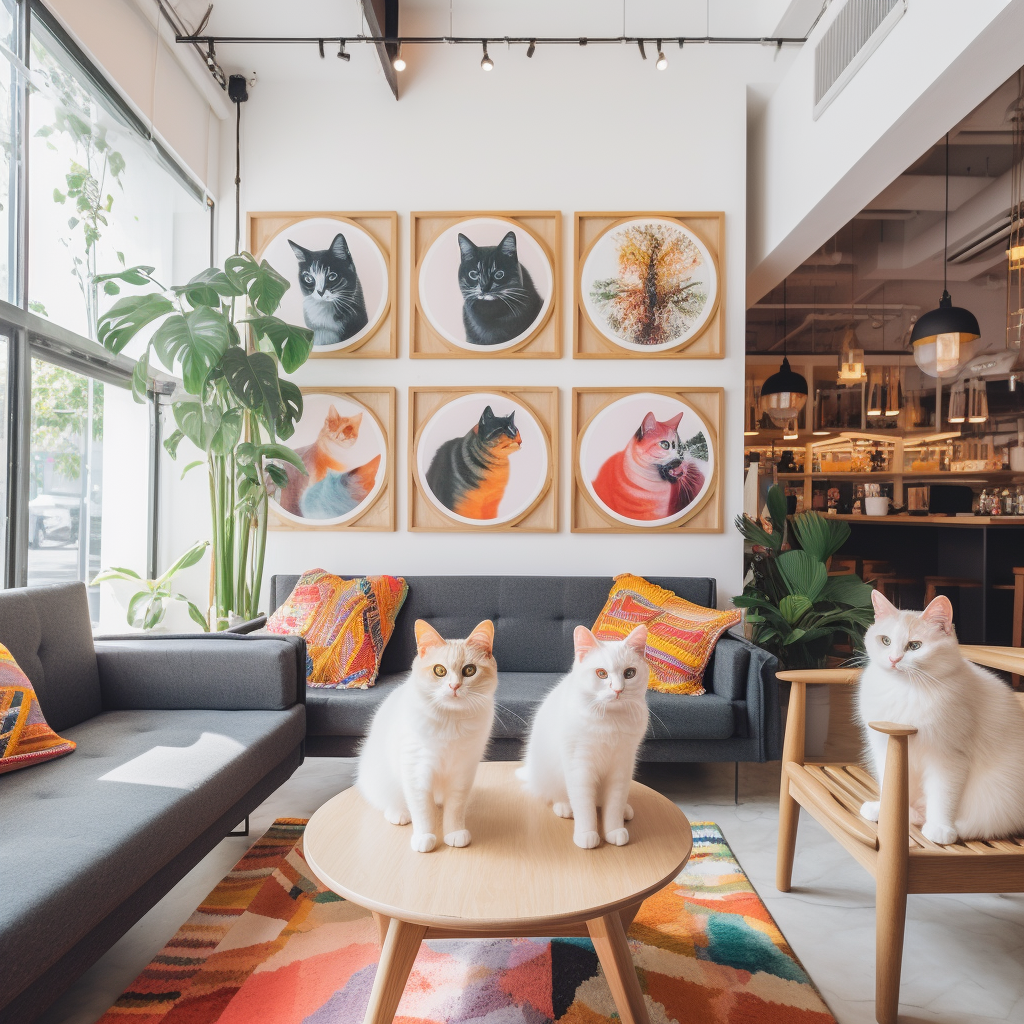 Sophisticated yet casual cat cafe with relaxed vibe