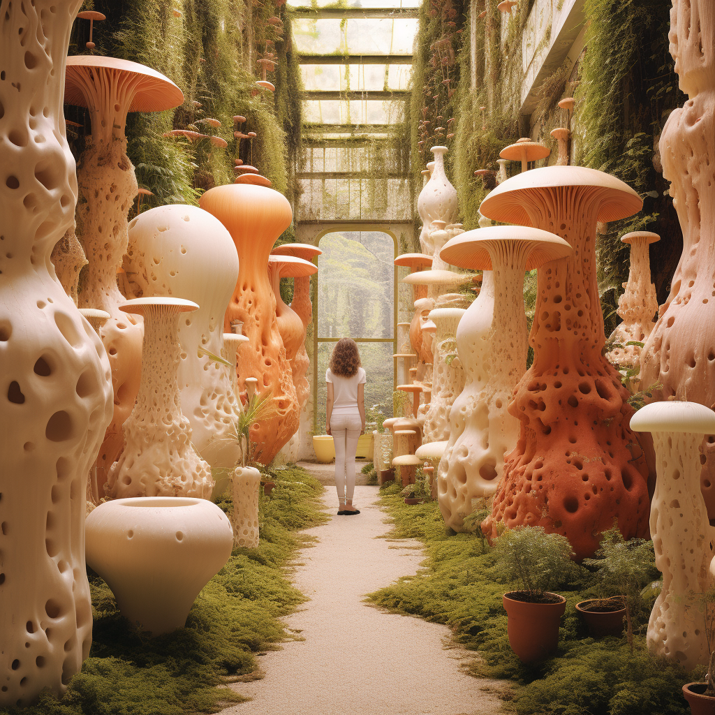 Realistic image of dreamy fungi moss ceramic vases