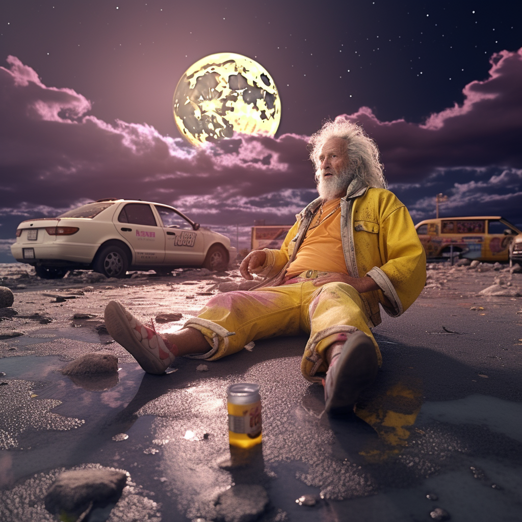 Drunk old man walking on the moon in Dollar General parking lot