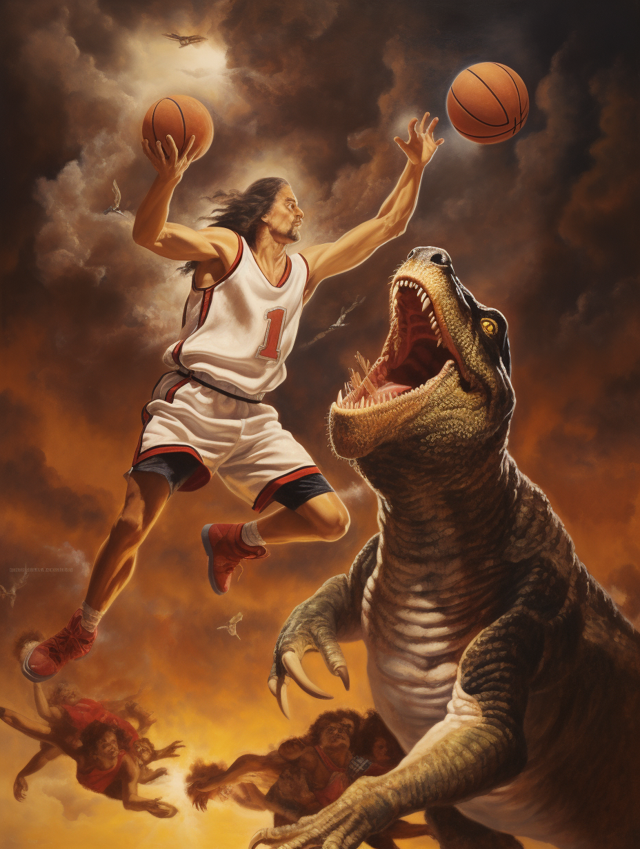 Jesus dunks on T-Rex in heavenly basketball game