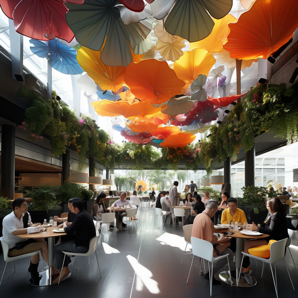 Colorful sound absorbent roof over dining area