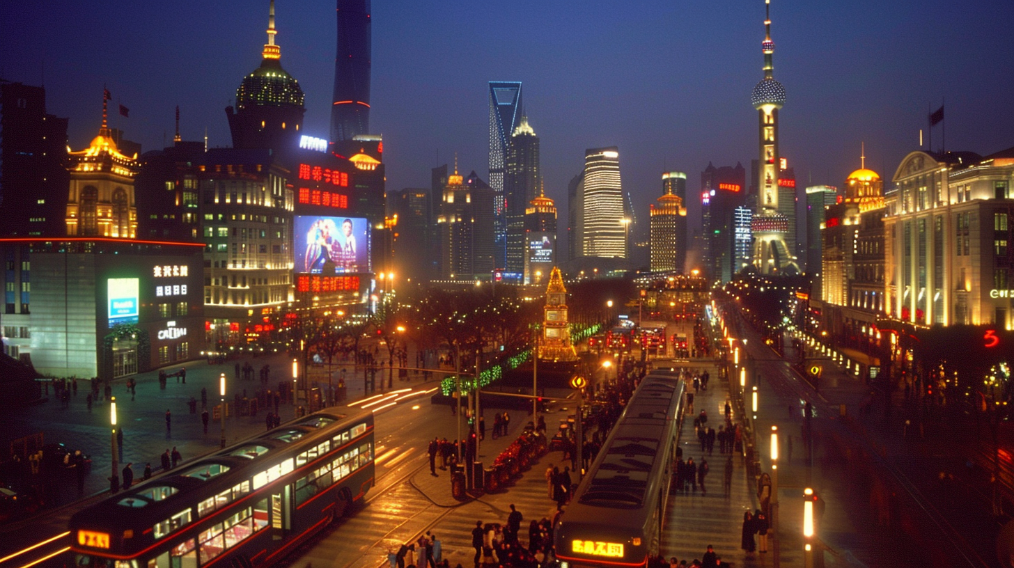 Busy Shanghai Cityscape Trams