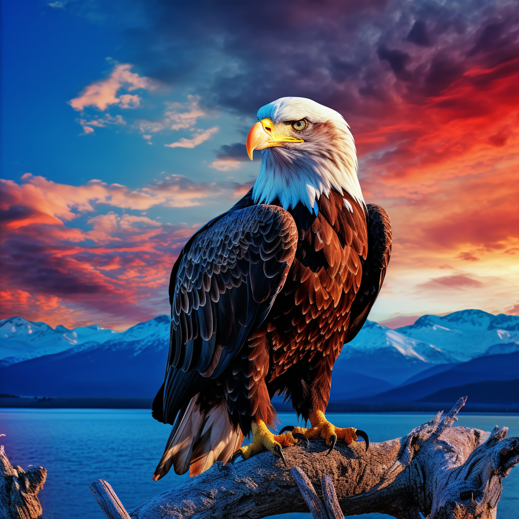 Majestic eagle overlooking ocean at sunset