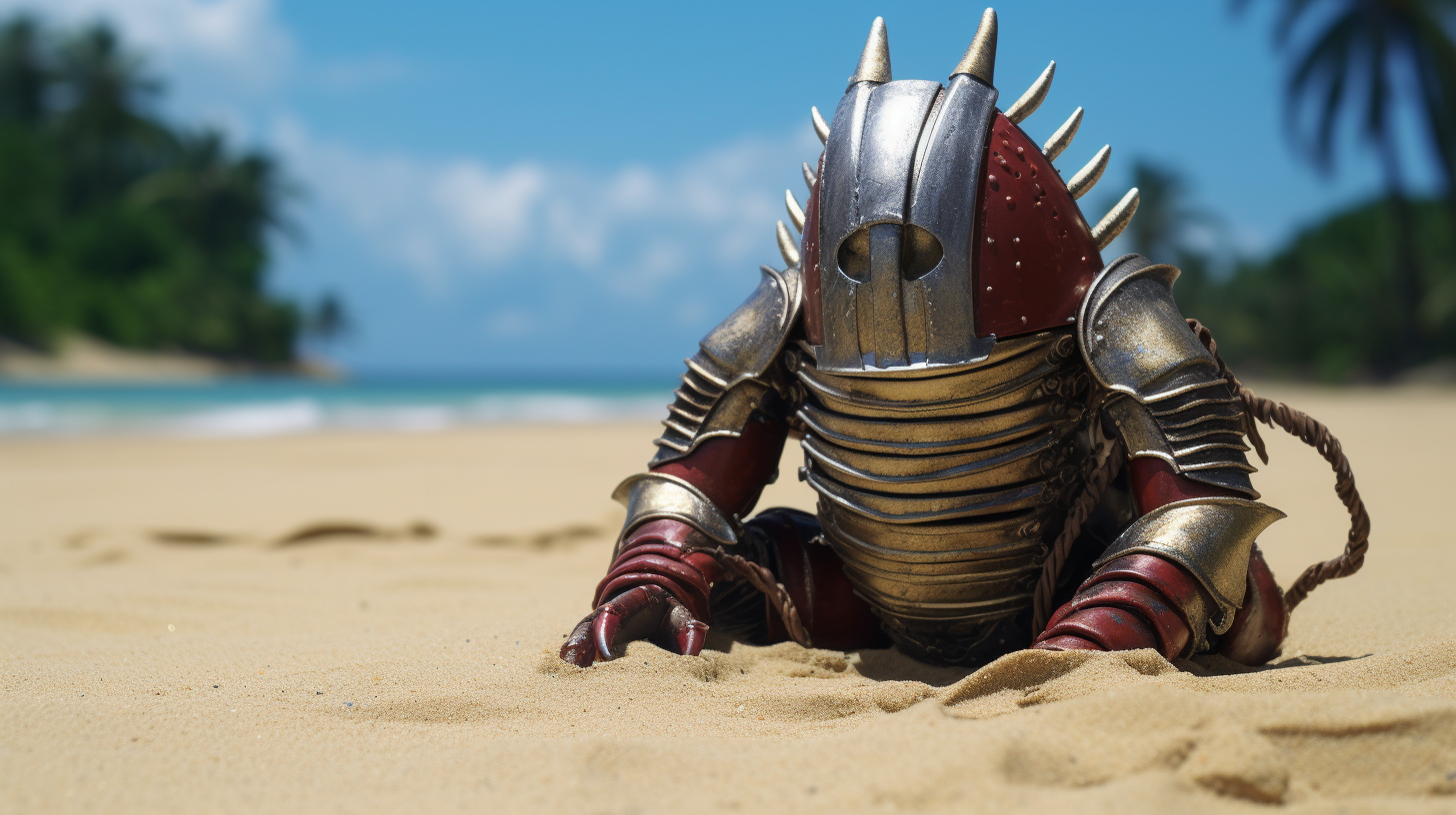 Faceless earthworm in medieval armor on tropical beach