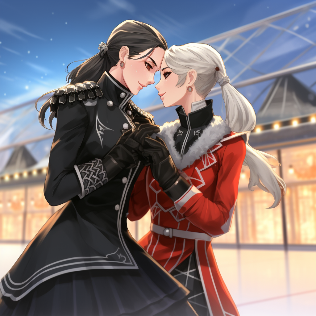 Edelgard and Female Byleth ice skating together