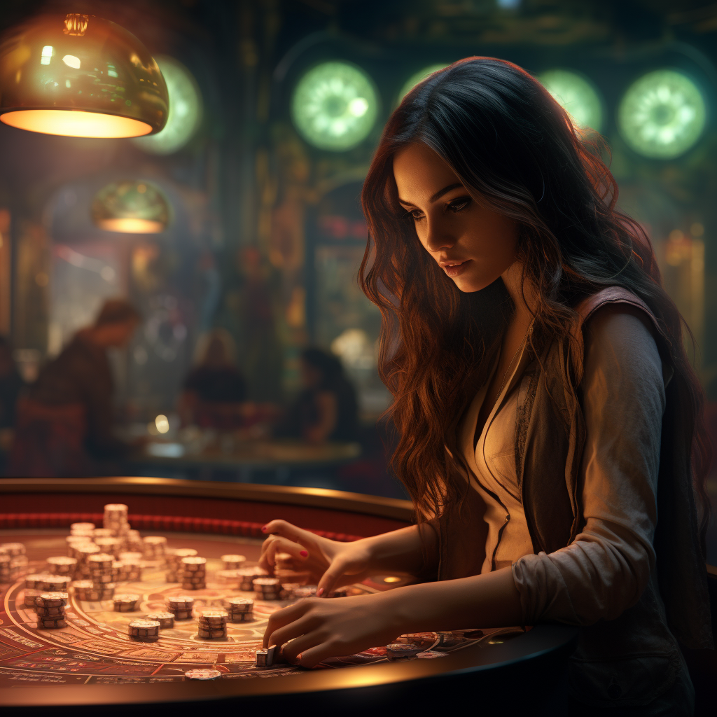 Young girl at roulette table in eerie steampunk casino