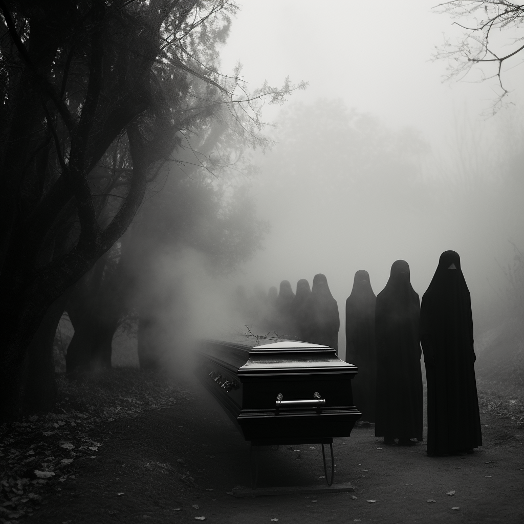 Shrouded pallbearers in surreal scene