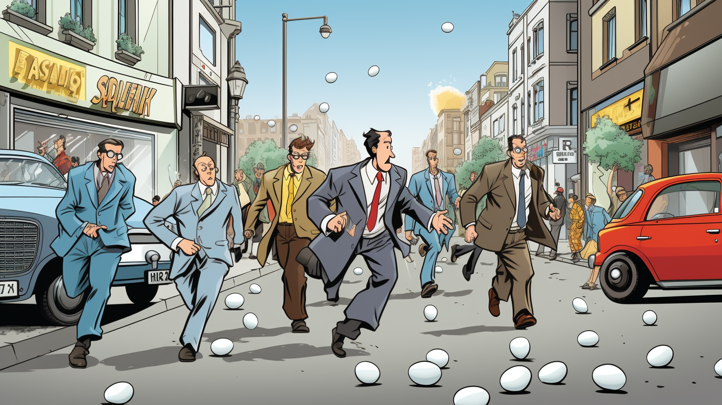 Egg henchmen in 1950s comic book style street scene