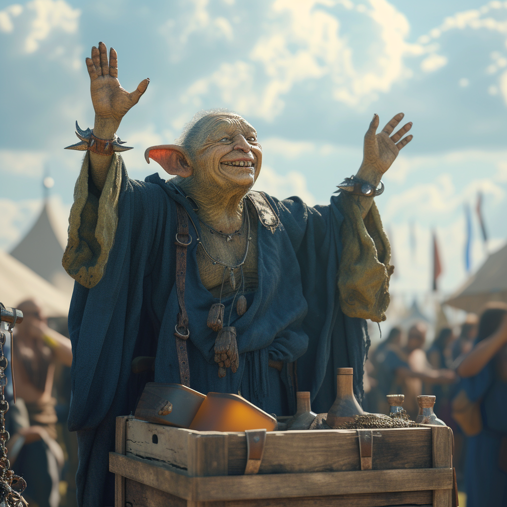 Smiling orc in blue robes at festival