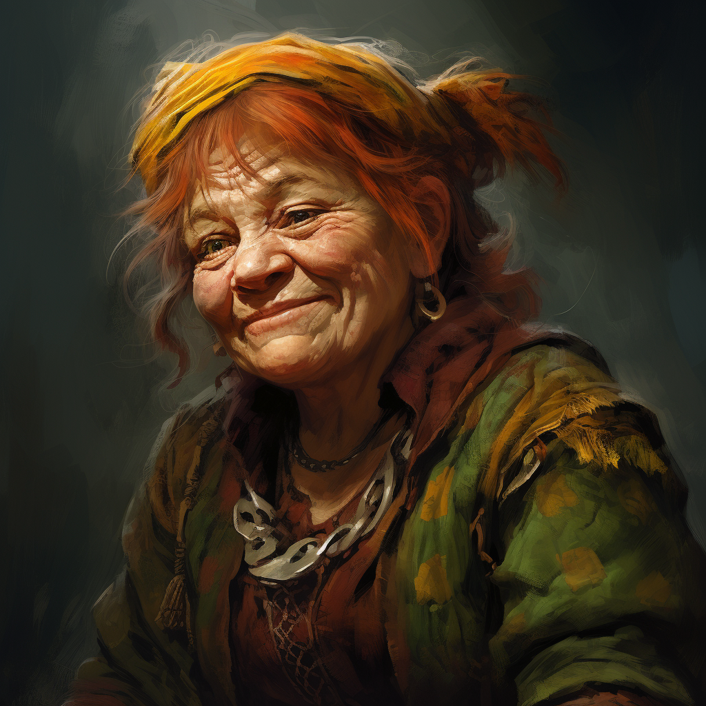 Smiling elderly female dwarf in fantasy attire