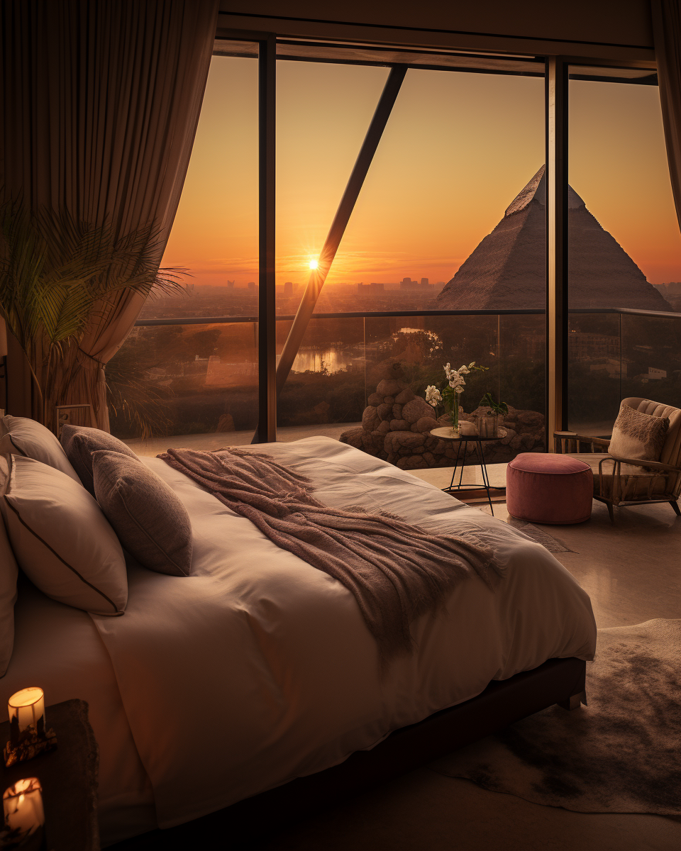 Luxurious bedroom interior with pyramid view