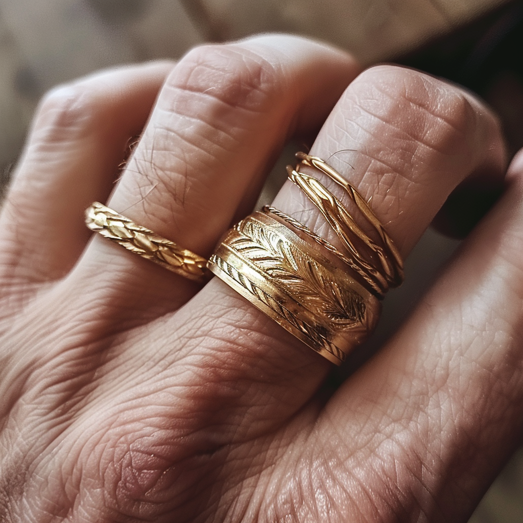 Hand displaying gold wedding bands