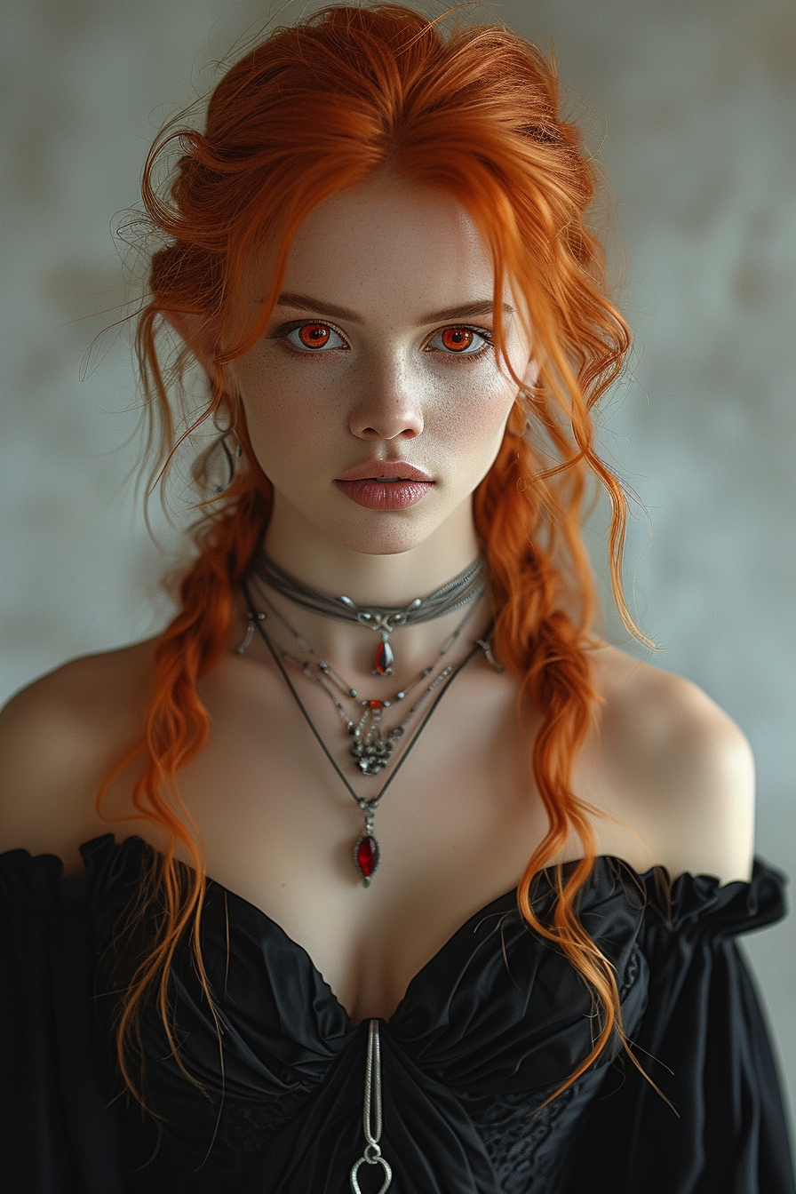 Red-Haired Elf in Black Satin Dress