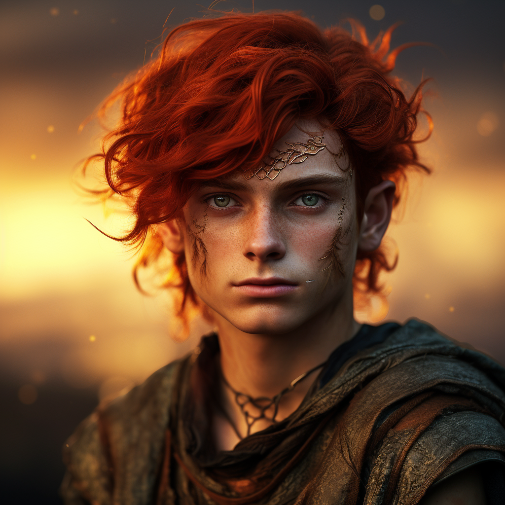 Stunning elf man with sunset eyes and dark red hair