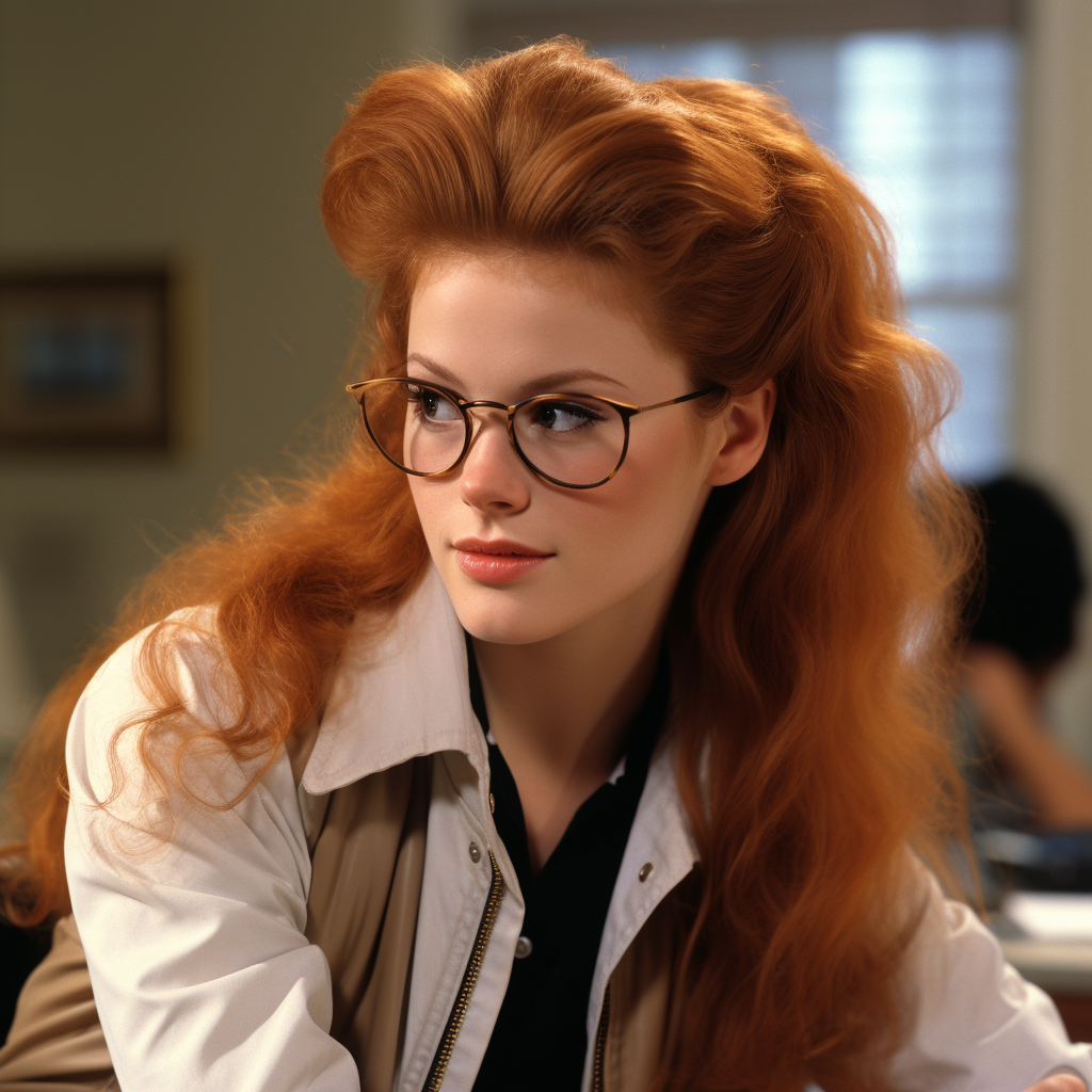 Elisa Donovan as Claire Kent with glasses and ponytail