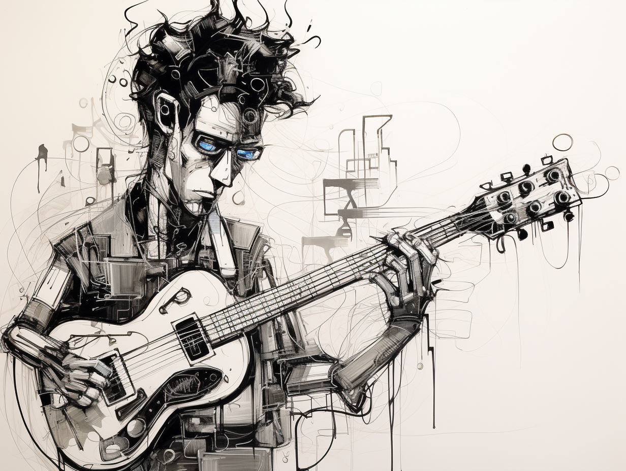 Amateurish black & white pen & ink sketch of an Elvis-style guitar-playing robot