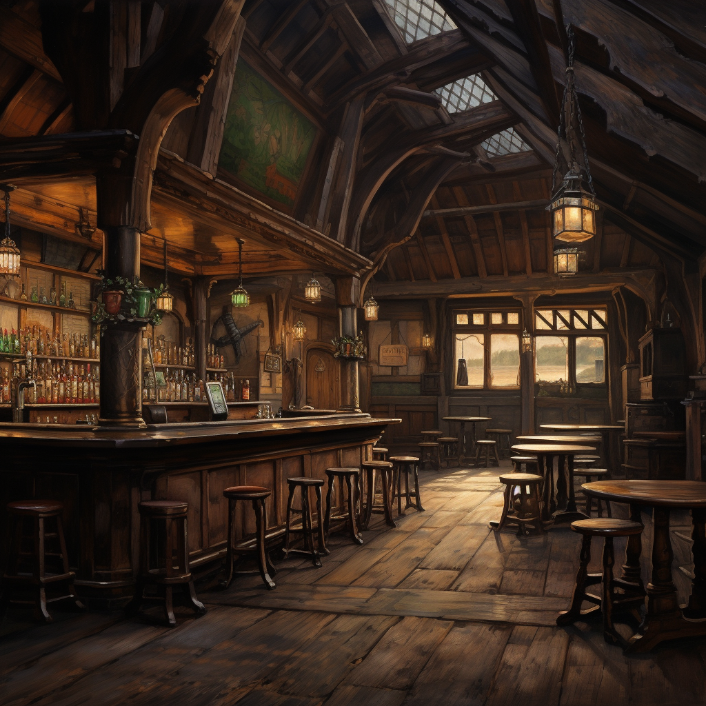 Well-lit empty medieval Irish pub oil painting