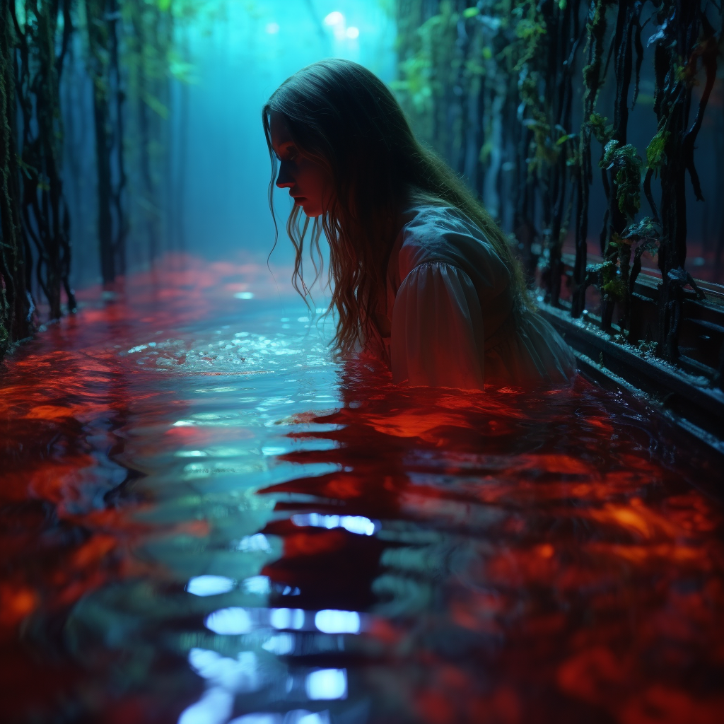 Cloaked girl looking into neon pool in enchanted forest