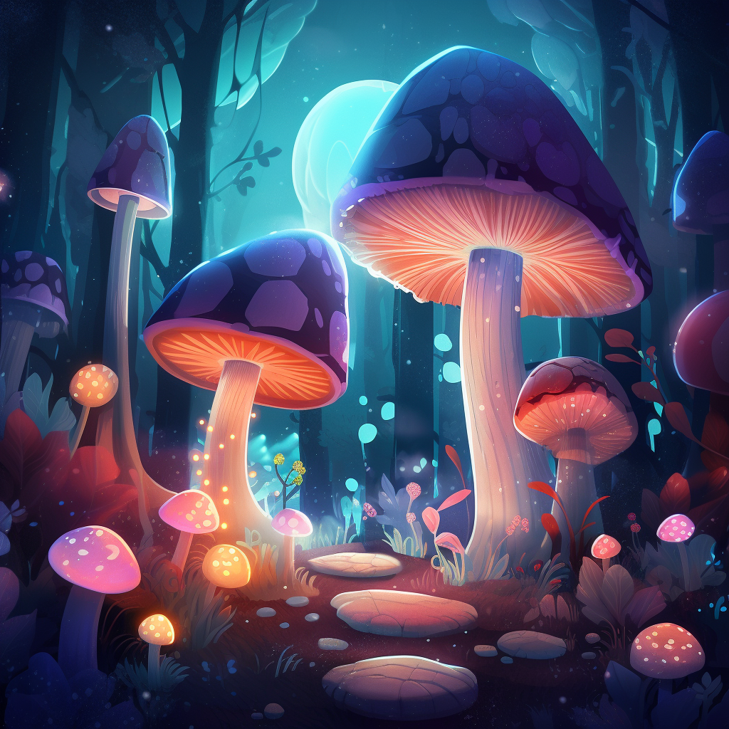 Whimsical mushrooms dancing in a moonlit glade