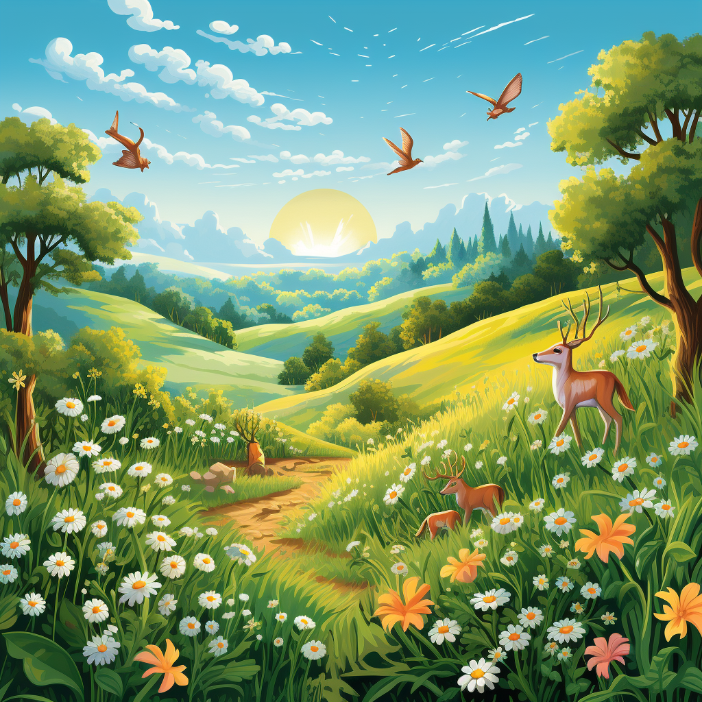 Cartoon Enchanted Scene with Sun, Hill, and Wildlife