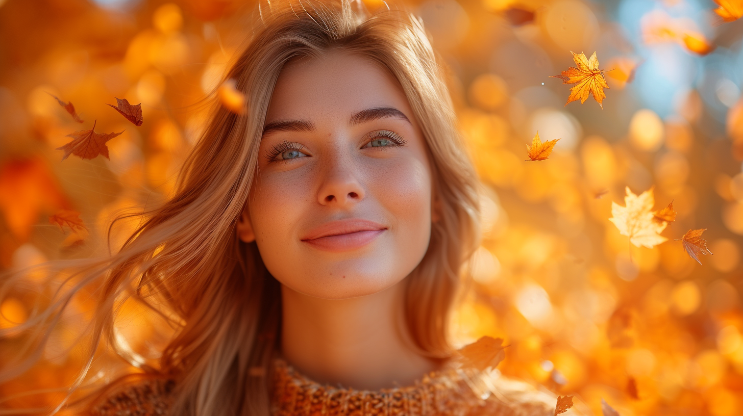 Energetic woman with long hair surrounded by orange leaves