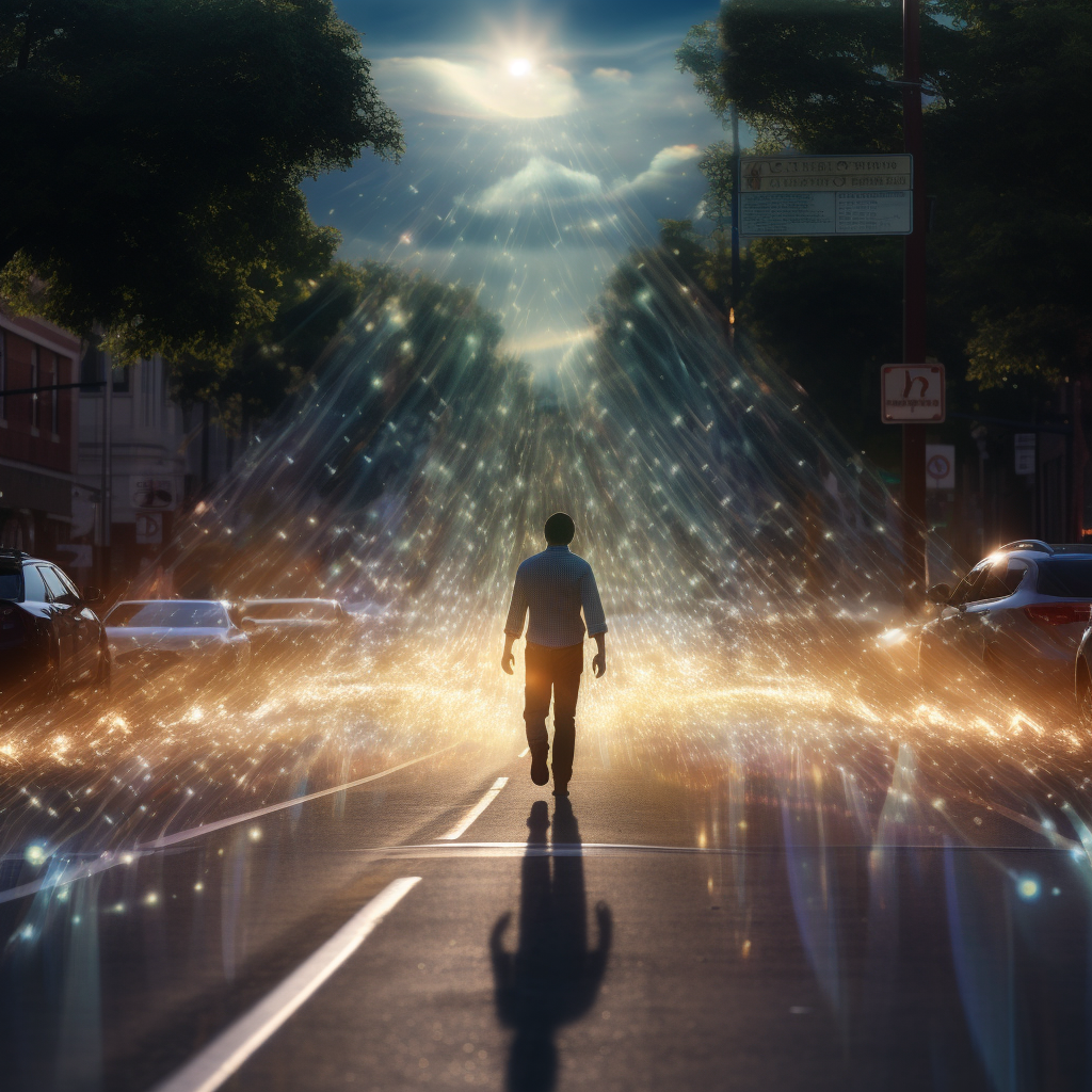 Man walking down the street with energy forcefield