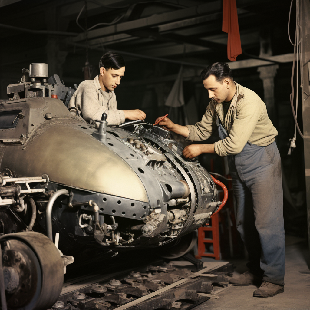 Engineers working on tank mechanism in garage