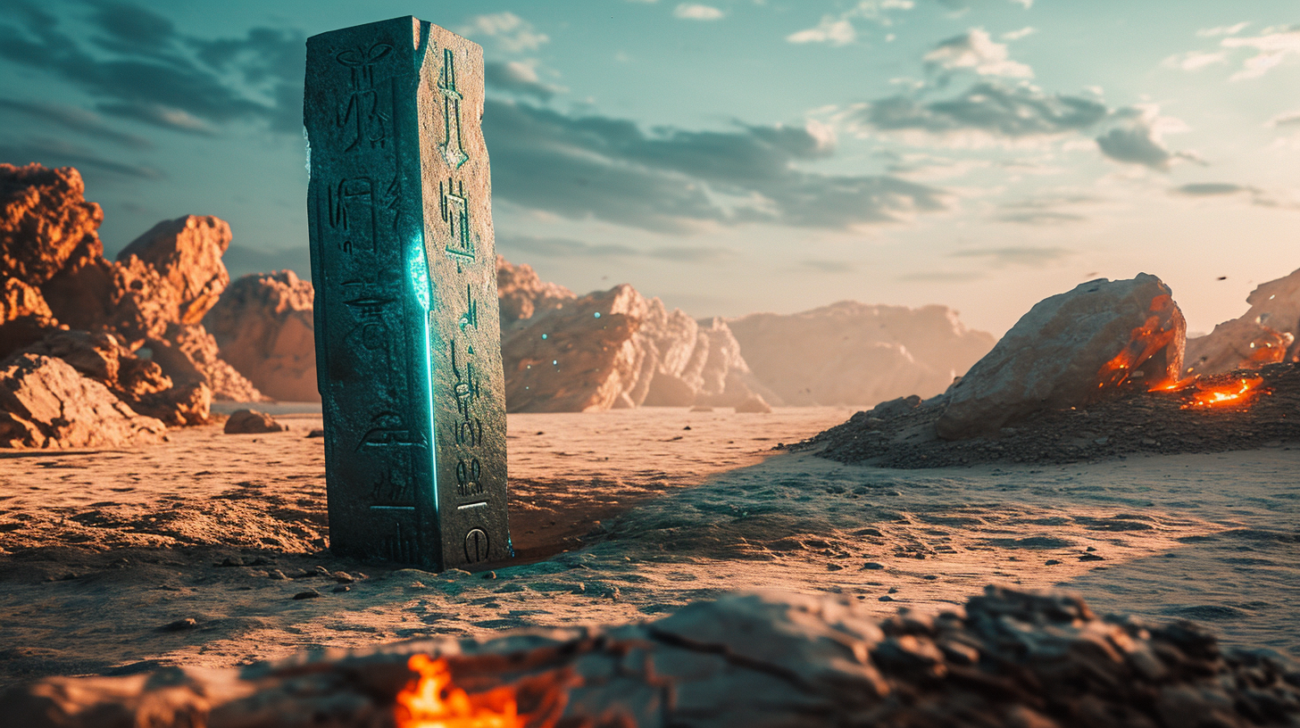 Cyan monolith in desert with glowing inscriptions