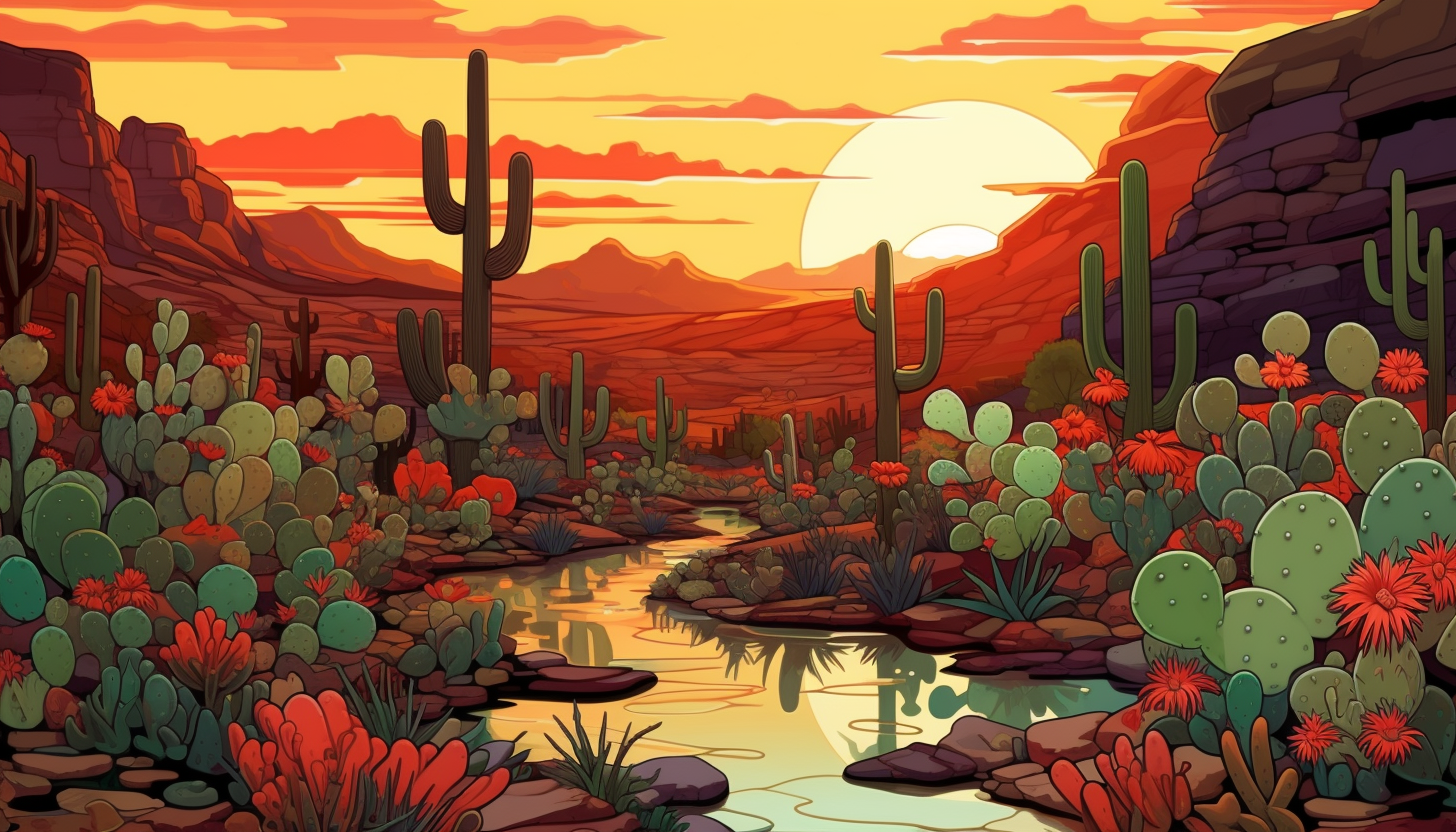 Awe-inspiring desert sunset with vibrant plants and cacti