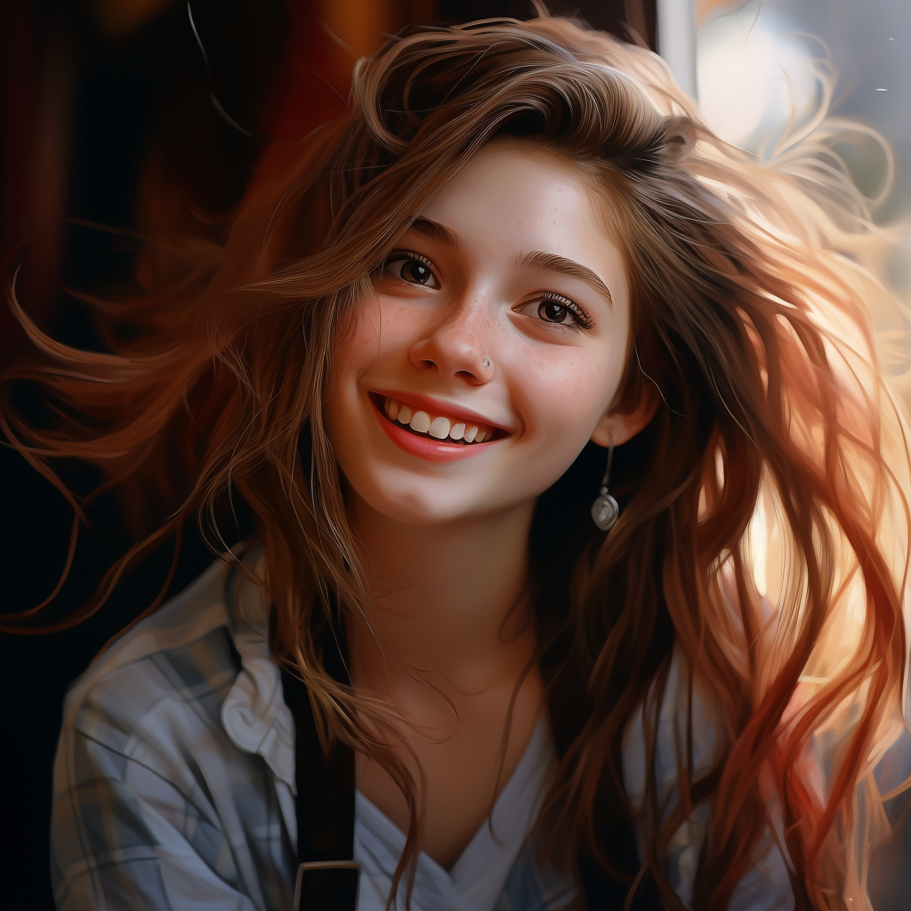 Photorealistic teenage girl with mischievous joy