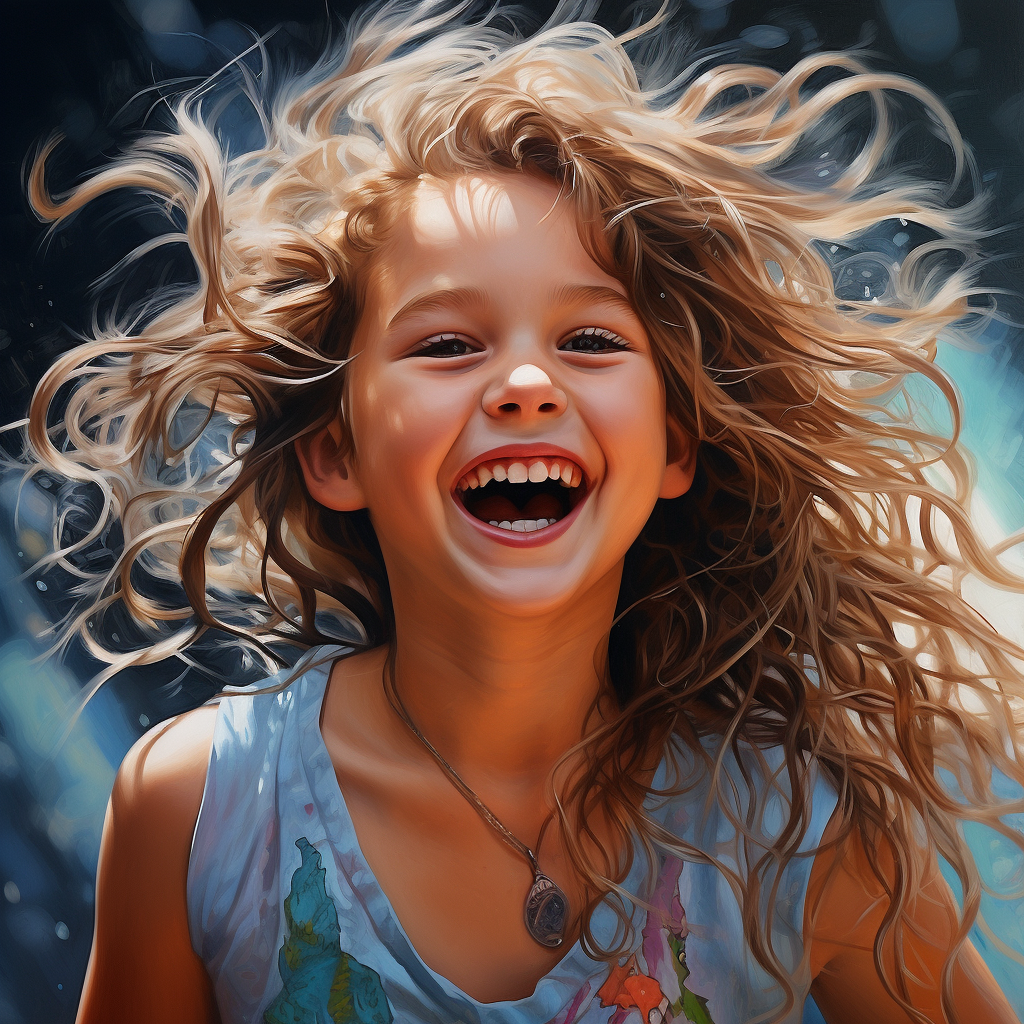 Photorealistic image of a joyful young girl mischief