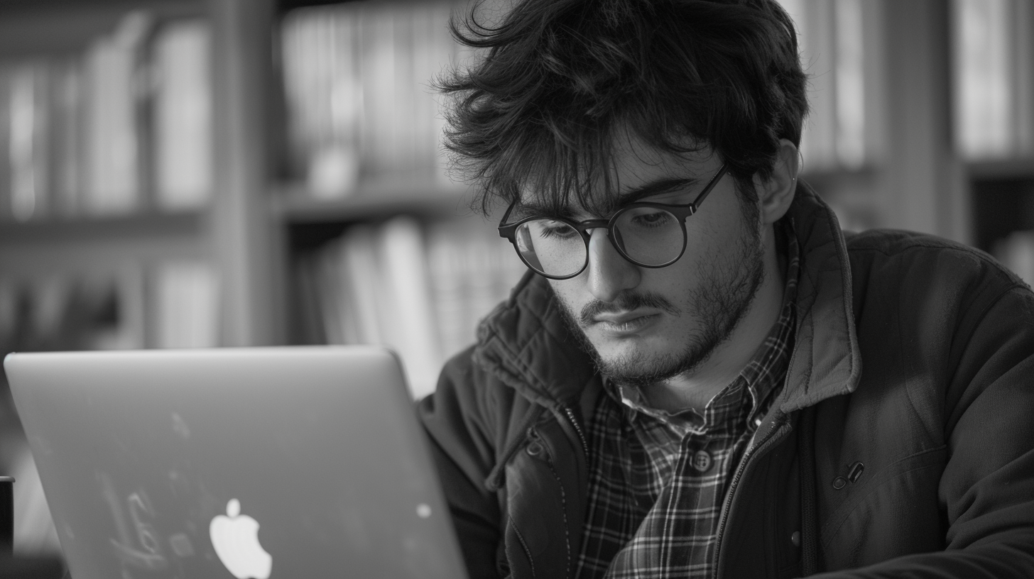 European student using MacBook in classroom