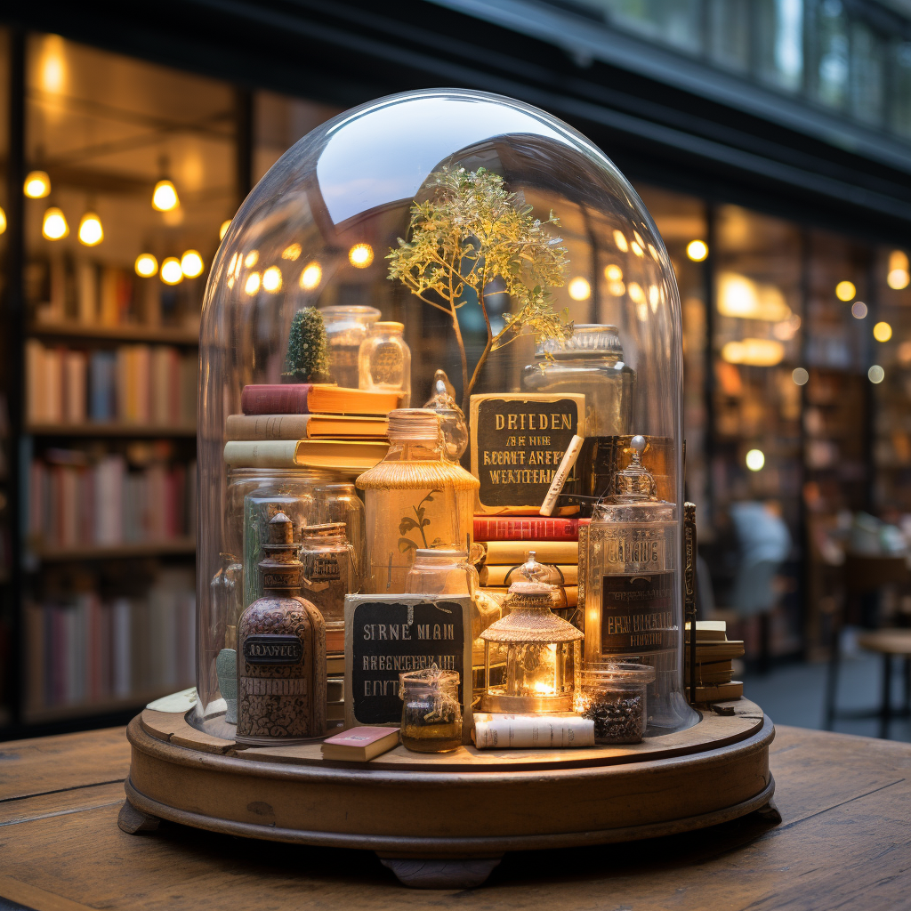 Everyday objects under glass bell in cozy bookshop