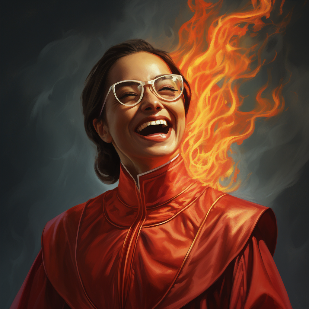 Hispanic female with evil laugh and round glasses burning robes